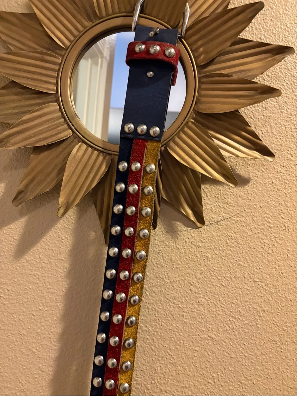 Vera Neumann Vintage 1980’s Leather Three Colors Navy Yellow Red Metal Stud Belt